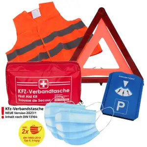 Verbandtasche Erste-Hilfe DIN13164 MHD 08.2028 + Warnweste ORANGE + Warndreieck + Parkuhr