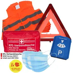 Verbandtasche Erste-Hilfe DIN13164 MHD 08.2028 + 5x Warnweste ORANGE + Warndreieck Parkuhr