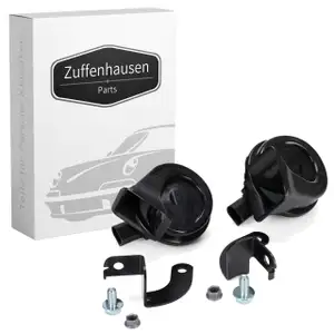 2x Fanfare Signalhorn + Halter TIEFTON + HOCHTON für PORSCHE Cayenne (9PA) links + rechts