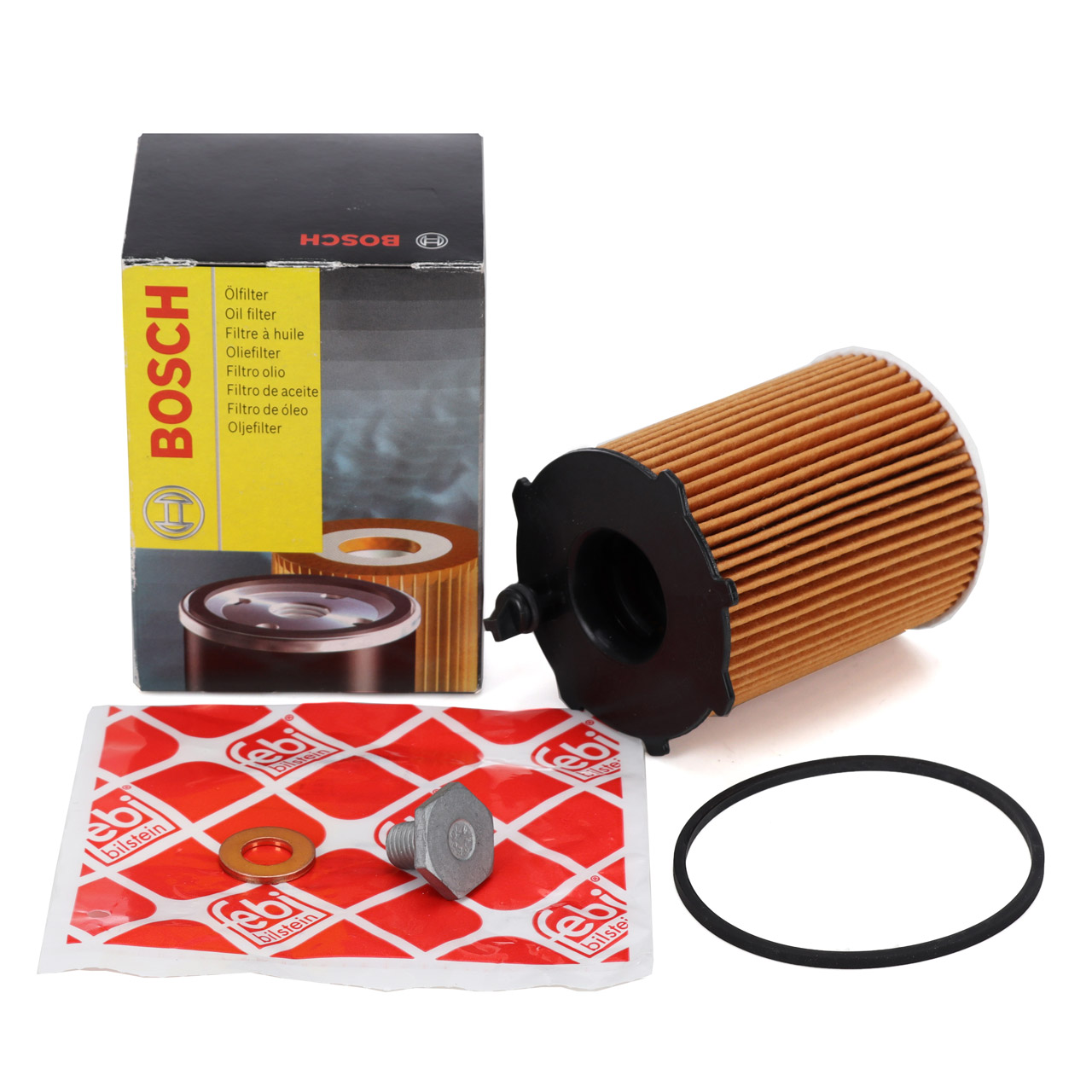 BOSCH 1457429238 Ölfilter + FEBI Schraube für CITROEN FIAT FORD MAZDA MINI OPEL PEUGEOT