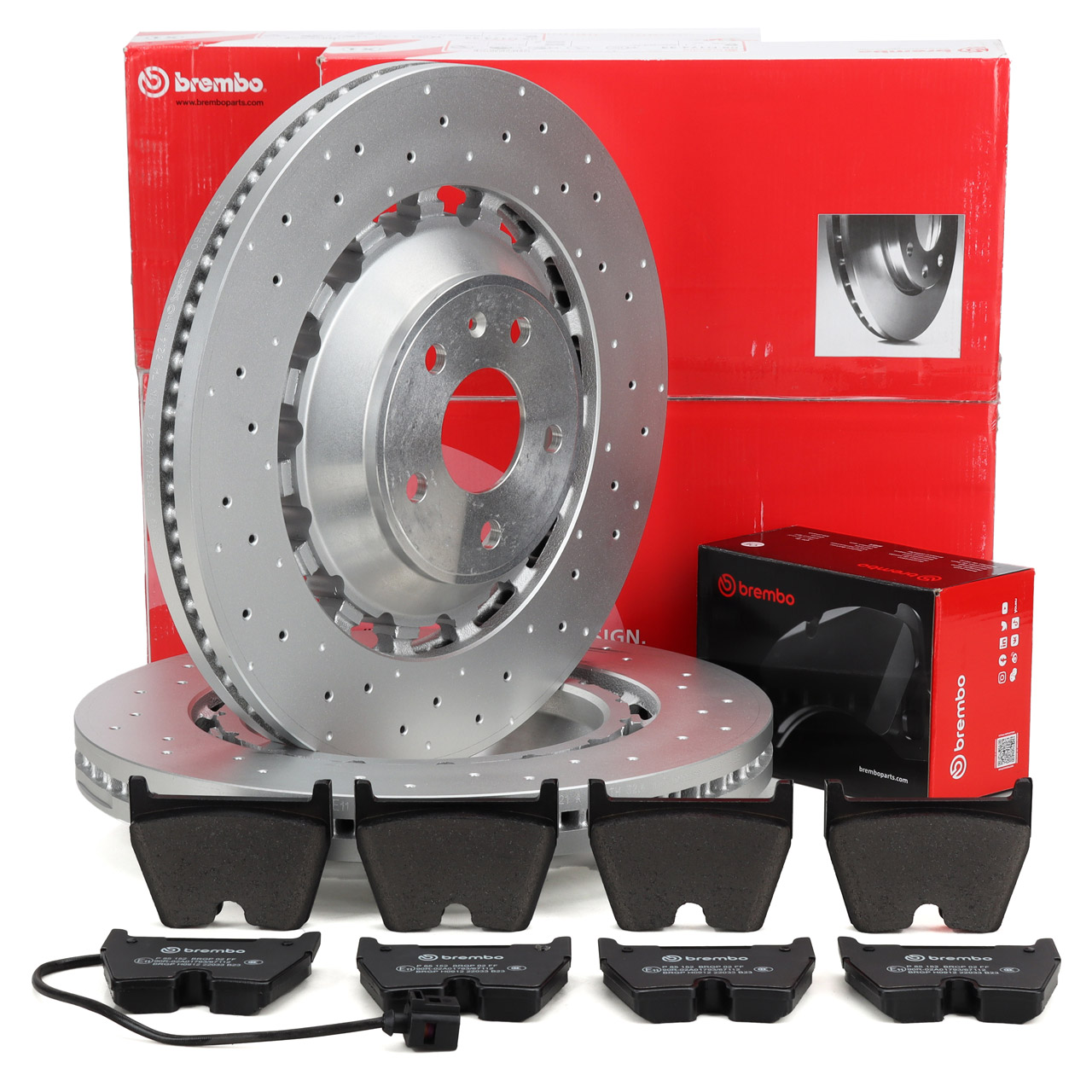 BREMBO Bremsscheiben + Bremsbeläge + Sensor AUDI RS3 (8V) 367/400 PS PR-1LU/1LH/4P4 vorne