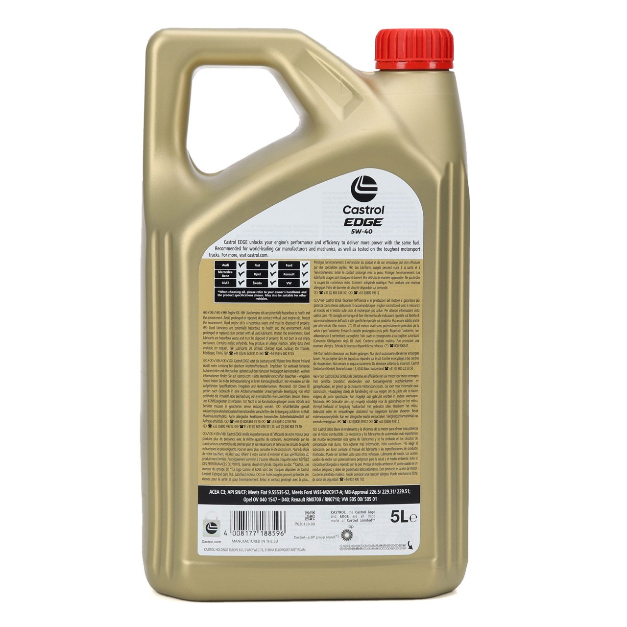 10L 10 Liter CASTROL Edge Motoröl Öl 5W-40 ACEA Light Duty C3 API SN/CF VW 505.00/505.01