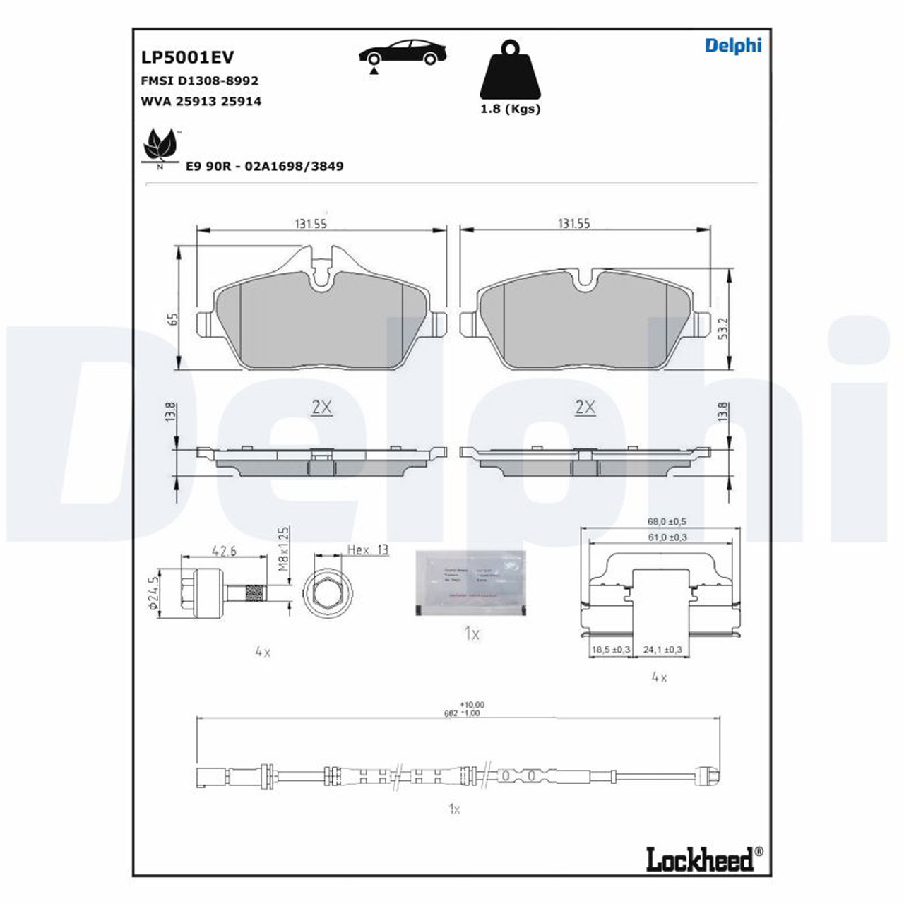 DELPHI LP5001EV Bremsbeläge Bremsklötze Bremsbelagsatz BMW i3 (I01) 102/170/184 PS vorne