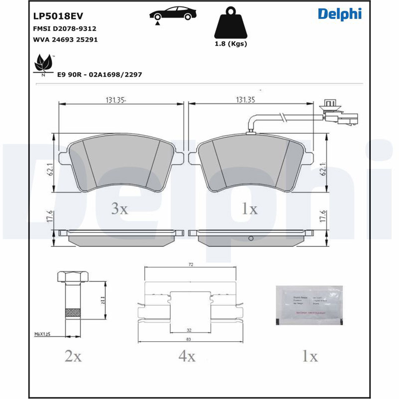 DELPHI LP5018EV Bremsbeläge Bremsklötze RENAULT Kangoo Rapid Z.E. 15/16 Zoll vorne