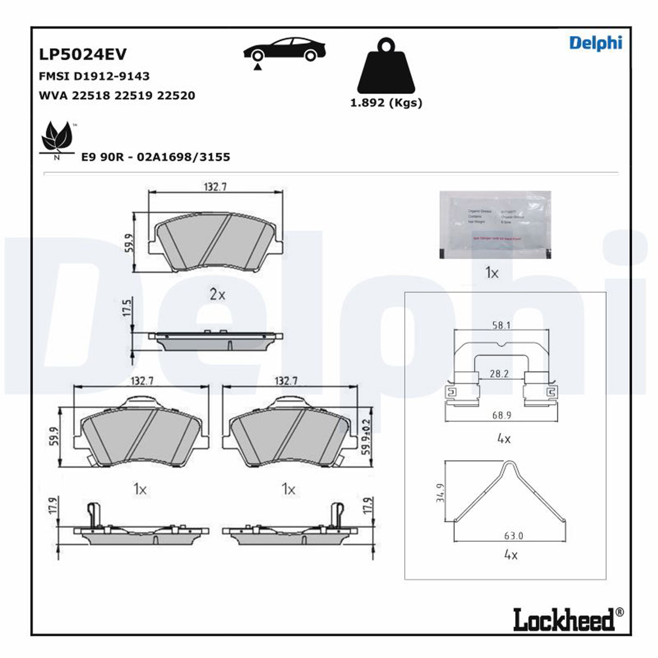 DELPHI LP5024EV Bremsbeläge Bremsklötze Bremsbelagsatz HYUNDAI Ioniq (AE) vorne 58101G2A10