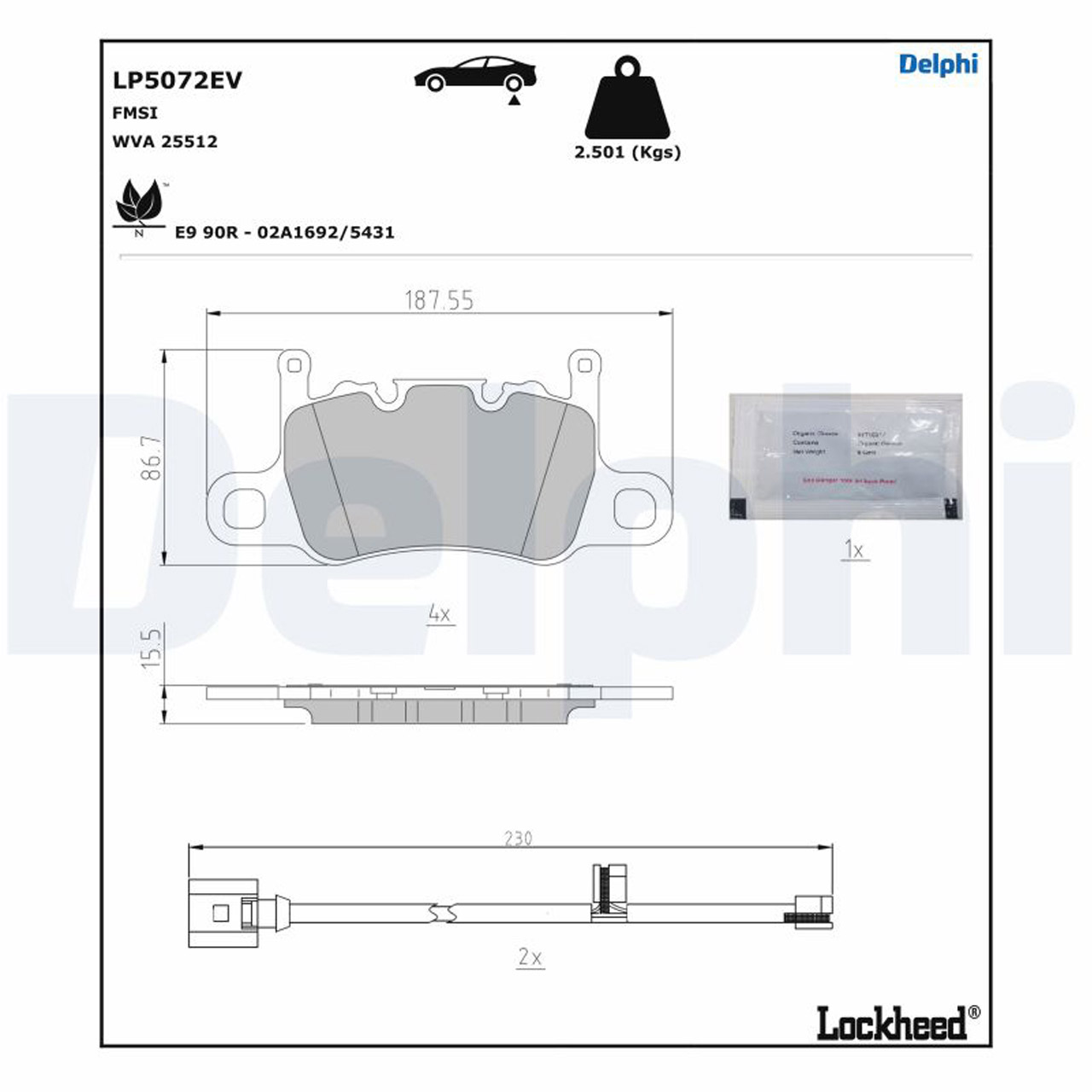 DELPHI LP5072EV Bremsbeläge AUDI E-Tron GT (F83) PORSCHE Taycan (Y1) hinten 9J1698451G