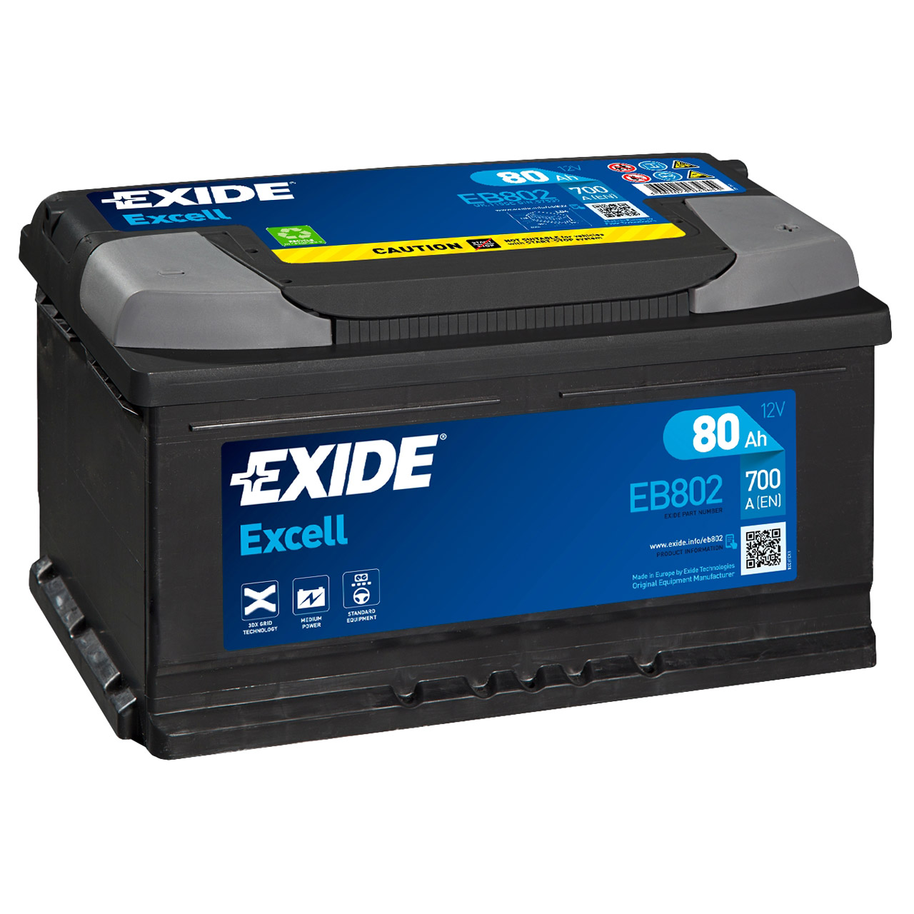 Exide Excell 12V 80Ah 420A/EN EB802 Autobatterie Exide. TecDoc