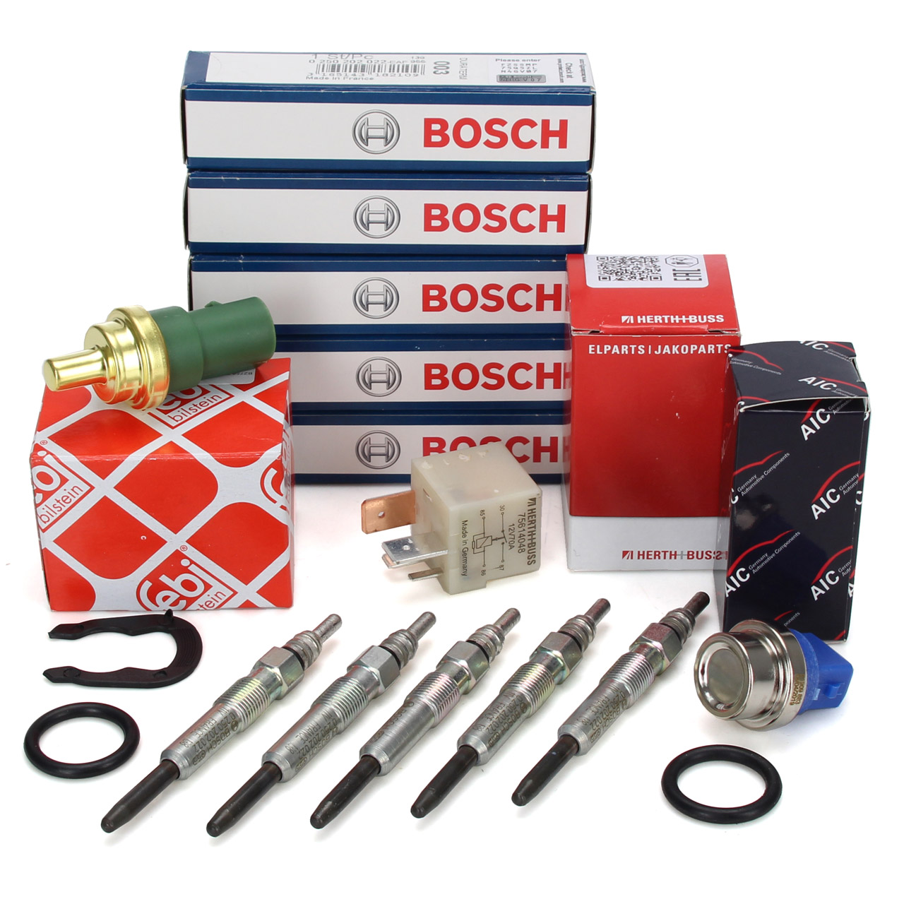 5x BOSCH Glühkerze + Vorglührelais 103 + G62 Geber VW Transporter T4 2.5 TDI