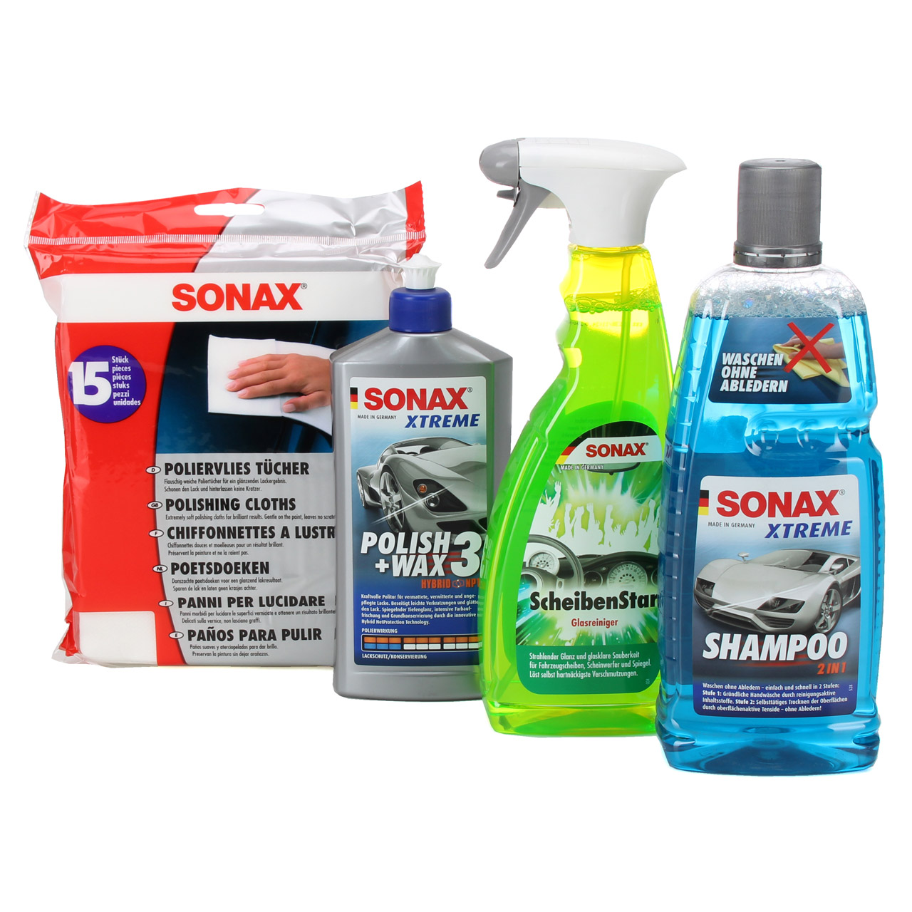 SONAX Autoshampoo 2 IN 1 + Scheibenreiniger + POLISH & WX 3 + Poliertücher