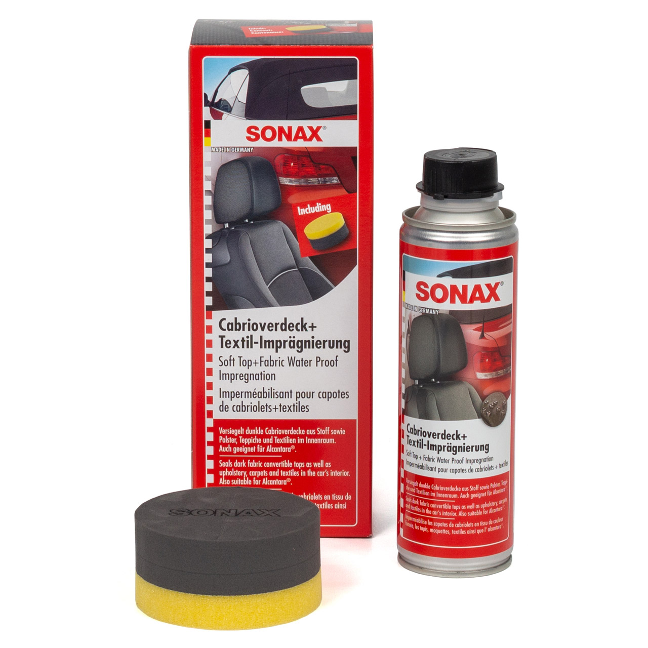 SONAX 310141 Verdeck- & Textil-Imprägnierung Spray Nässeschutz 250ml + Schwamm