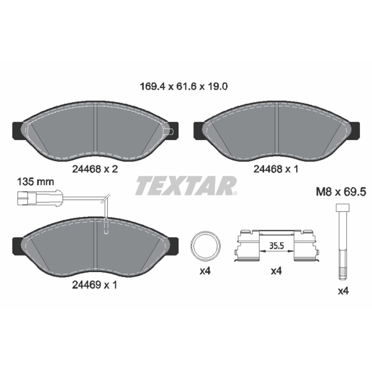 TEXTAR 2446807 Bremsbeläge + Warnsensor FIAT Ducato 250 mit Schaltgetriebe vorne 77369119