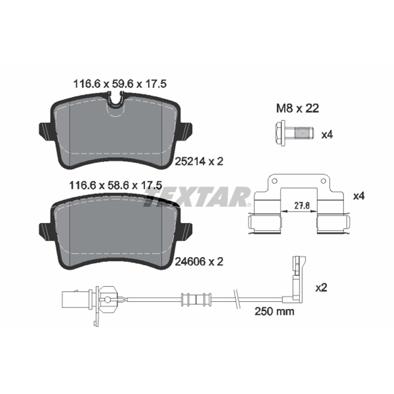 TEXTAR 2521405 Bremsbeläge + Warnsensor AUDI A8 (4H D4) 2.0 TFSI quattro PR-1KE hinten