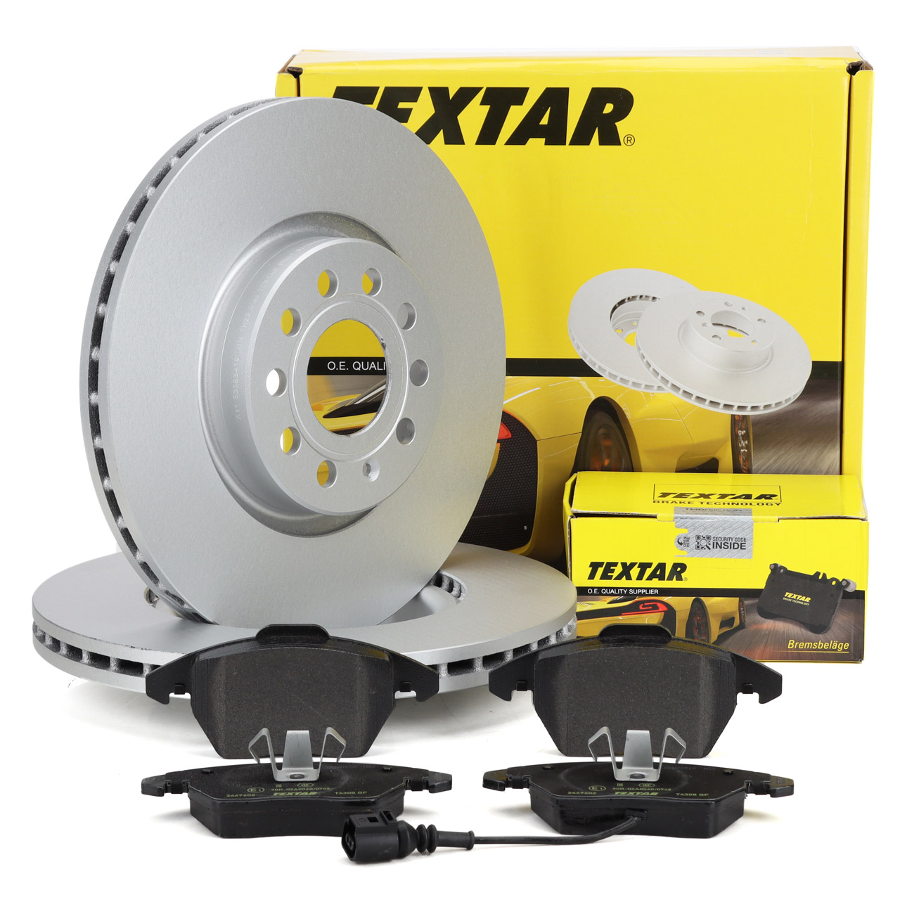 TEXTAR Bremsscheiben + Beläge + Sensor VW Golf 6 Passat B6 B7 Touran A1 8X A3 8P vorne