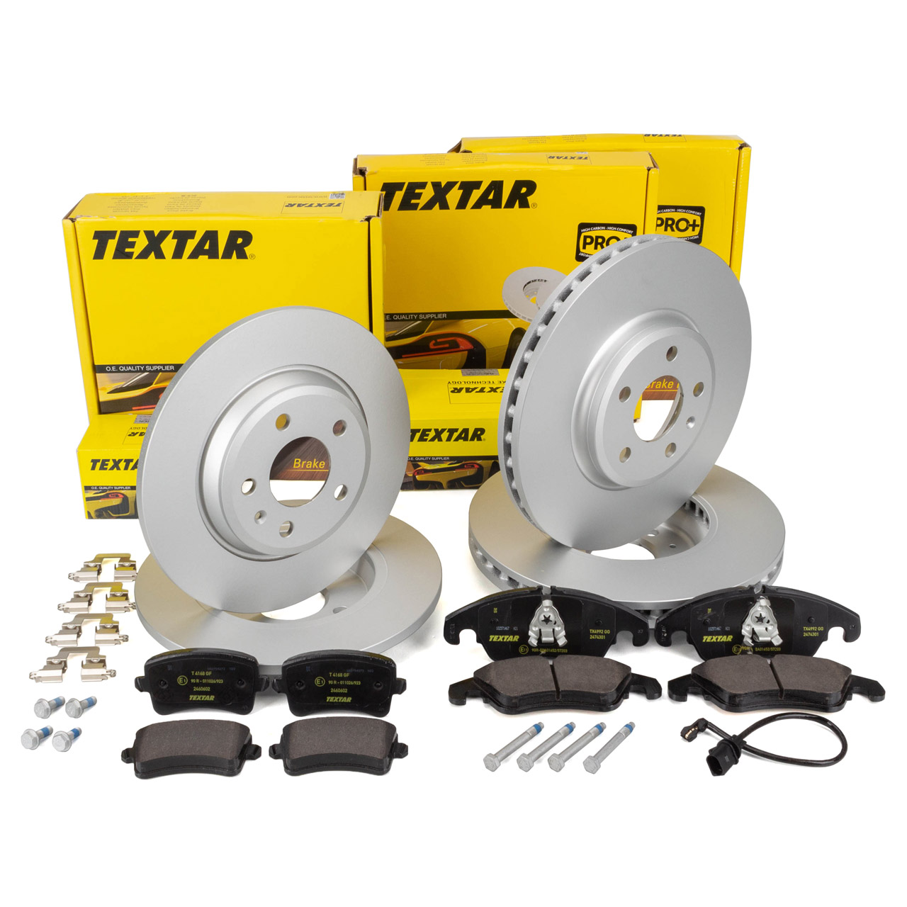 TEXTAR Bremsscheiben + Beläge + Sensor AUDI A4 (B8) A5 (8T 8F) bis 06.2011 vorne + hinten