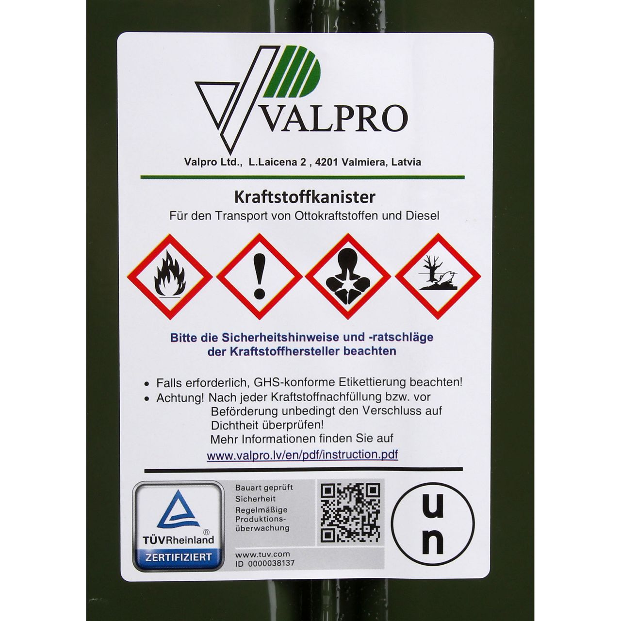 VALPRO Benzinkanister Ölkanister Reservekanister mit Sicherungsstift GGVS METALL 20 Liter