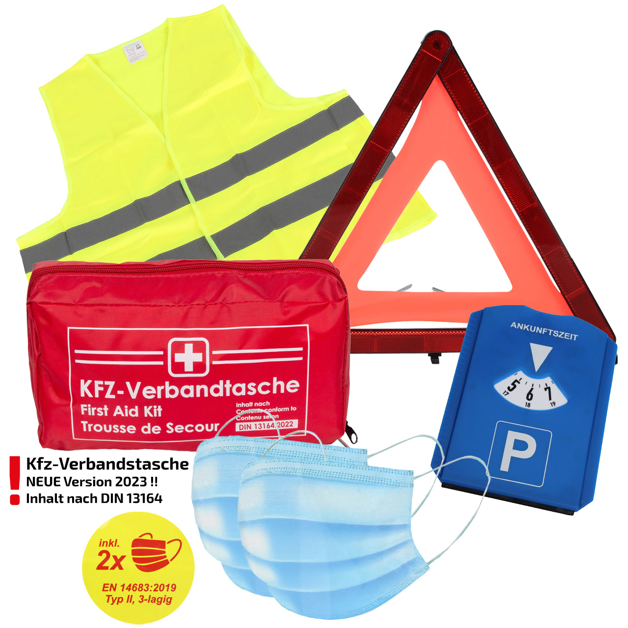 Verbandtasche Erste-Hilfe DIN13164 MHD 08.2028 + Warnweste GELB + Warndreieck + Parkuhr