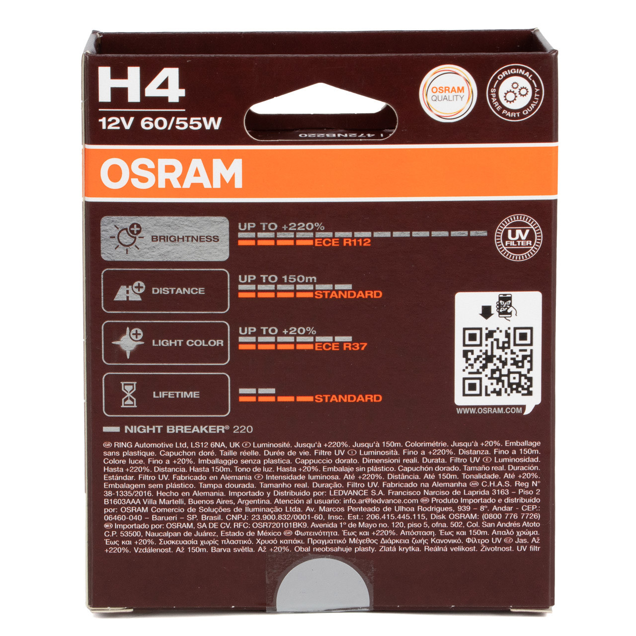 2x OSRAM H4 NIGHT BREAKER 220 Glühlampe 12V 55/60W P43t +220% VERSION 2024/2025