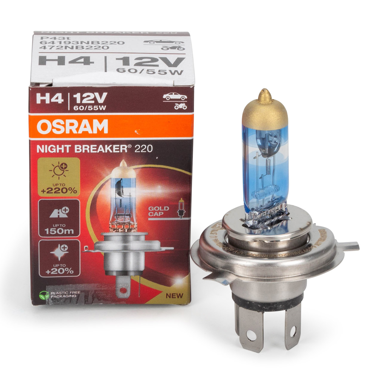 1x OSRAM H4 NIGHT BREAKER 220 Glühlampe 12V 55/60W P43t +220% VERSION 2024/2025