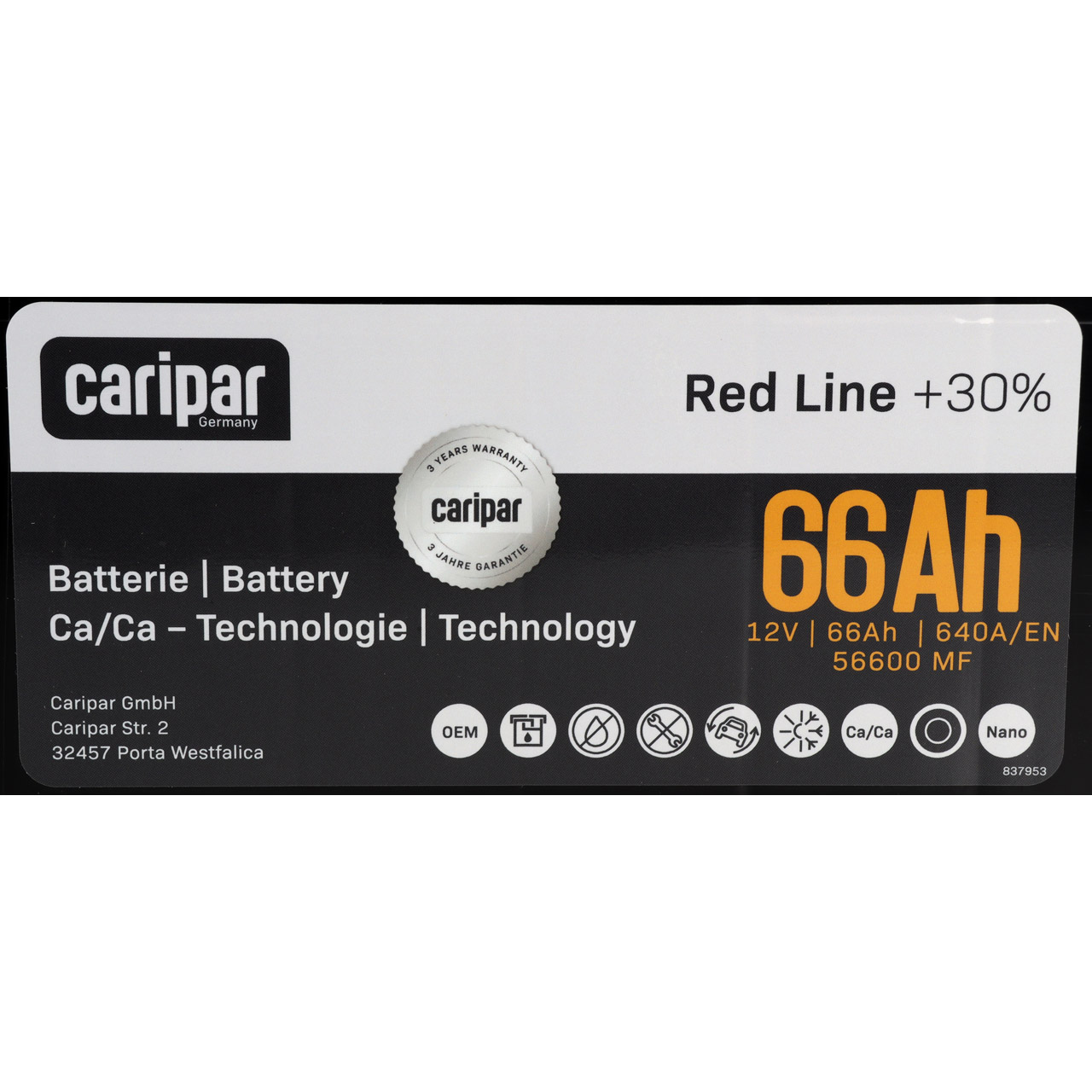 CARIPAR RED LINE +30% PKW KFZ Autobatterie Starterbatterie 12V 66Ah 640A/EN B13