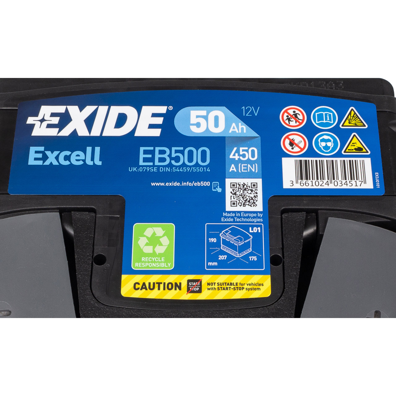 EXIDE EB500 EXCELL Autobatterie Batterie Starterbatterie 12V 50Ah EN450A