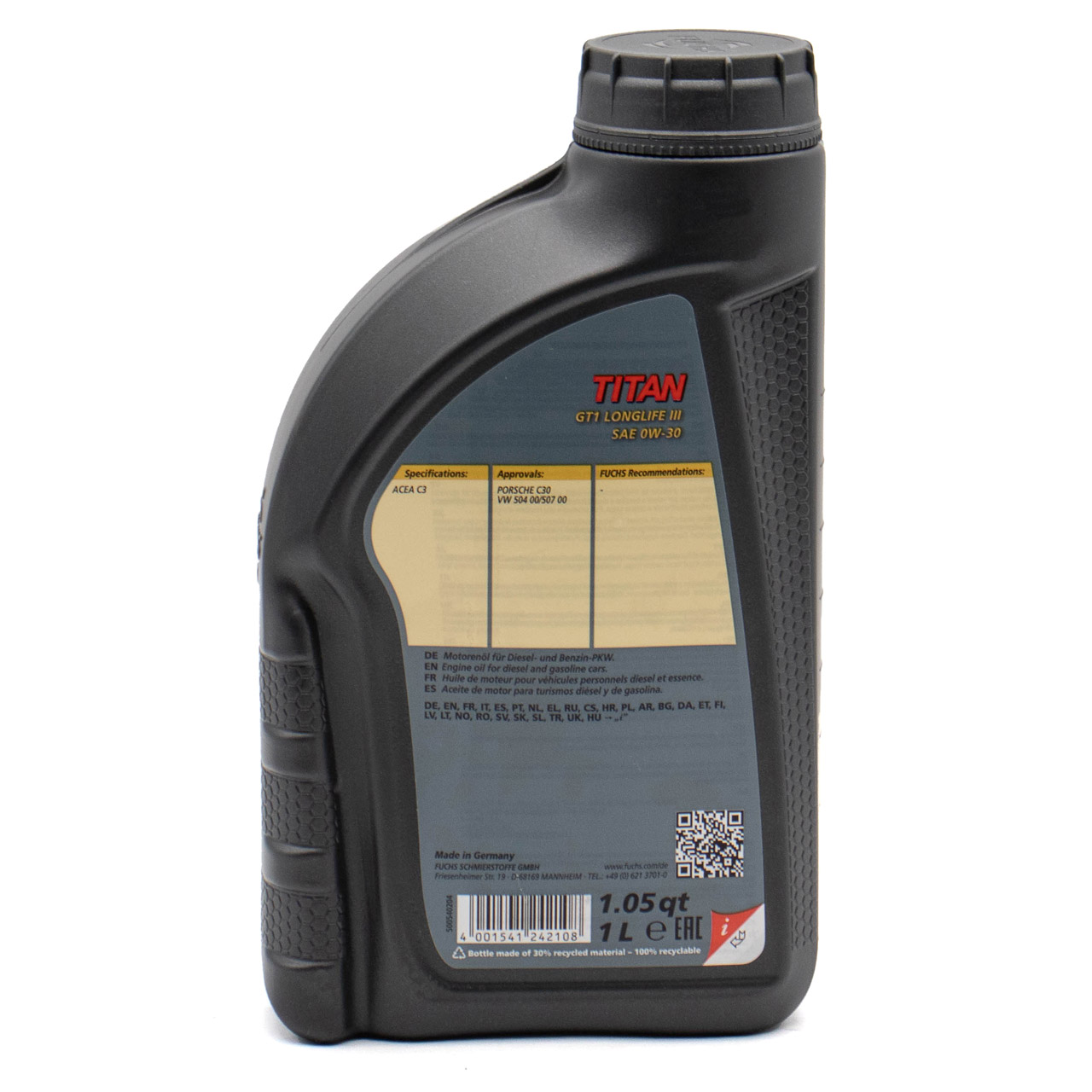 1L 1 Liter FUCHS Motoröl Öl TITAN GT1 LONGLIFE III 0W-30 0W30 VW 504.00/507.00