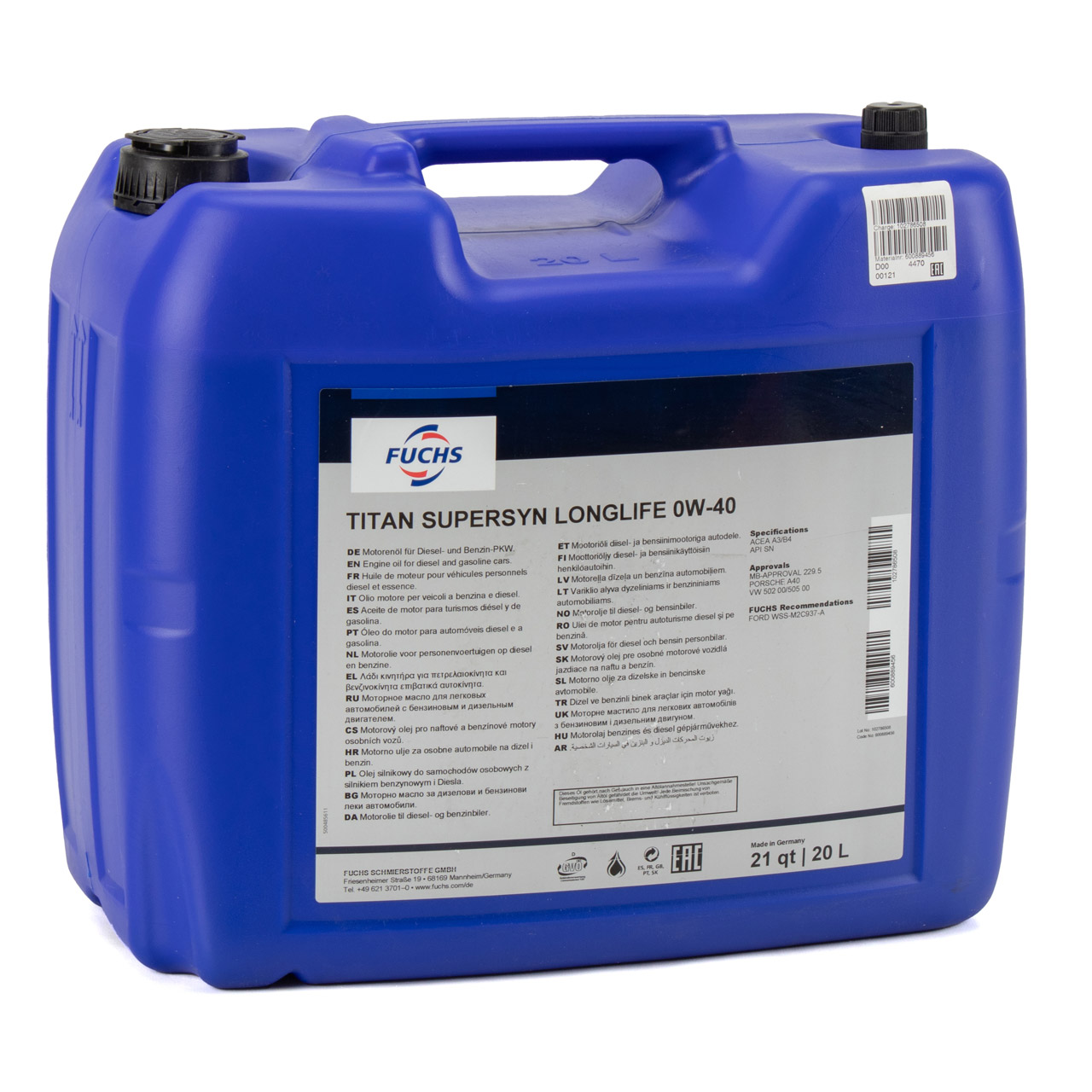 20 Liter FUCHS TITAN SUPERSYN LONGLIFE 0W-40 Motoröl Öl MB 229.5 VW 502/505.00