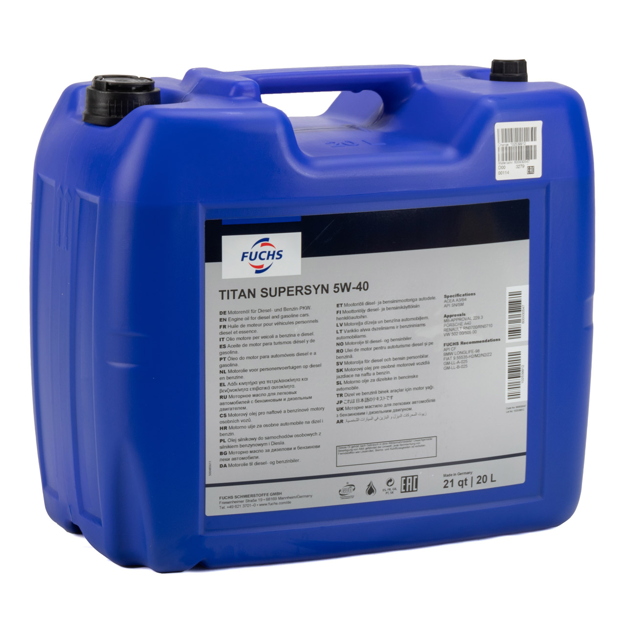 FUCHS MOTORÖL TITAN SuperSyn 5W-40 VW 502.00/505.00 MB 229.3 RN0700 - 20 Liter