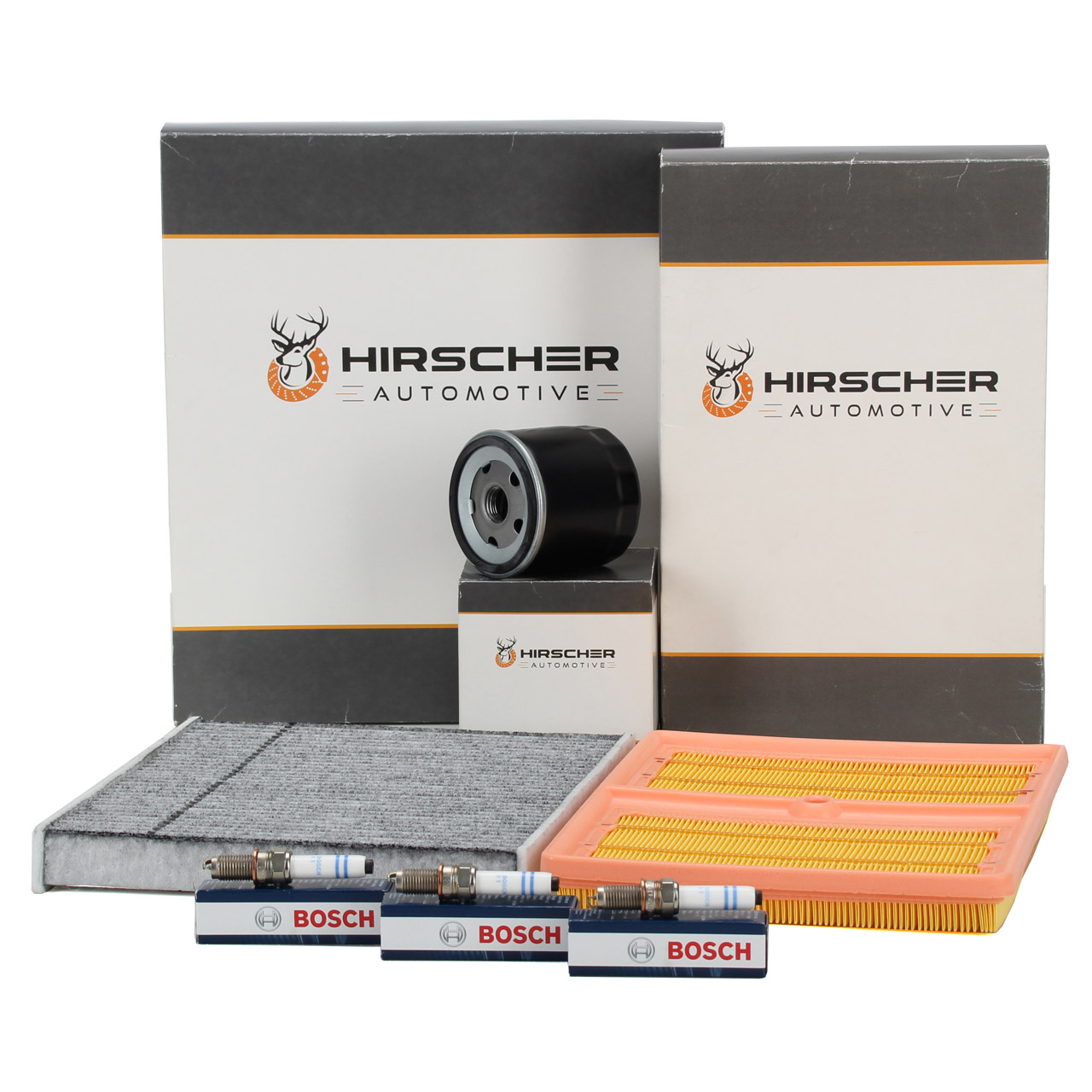 HIRSCHER Filterset + 3x BOSCH Zündkerze VW Golf 7 T-Roc Touran AUDI A3 8V Q2 GA 1.0 TSI