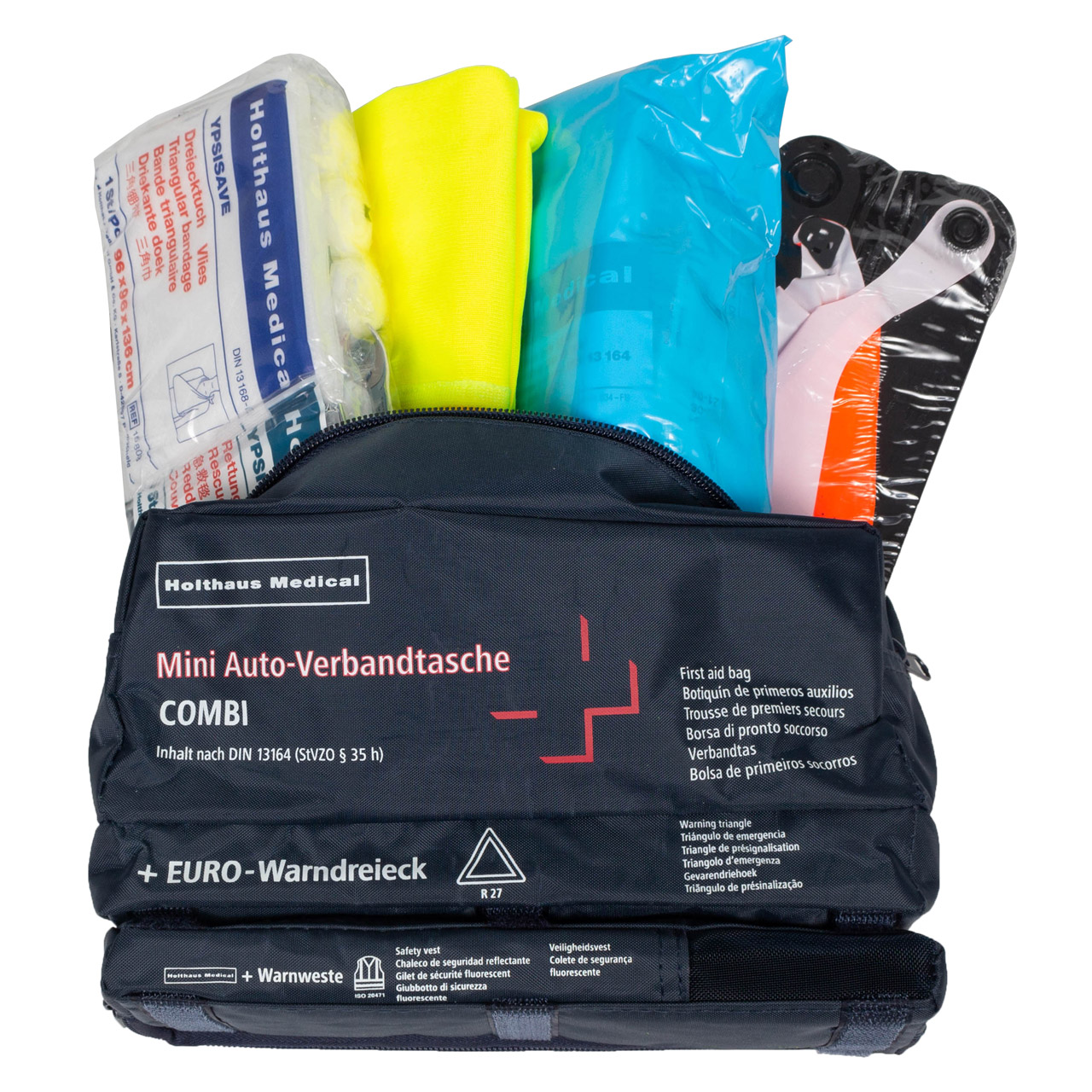 HOLTHAUS 3in1 Erste Hilfe Verbandtasche BLAU (MHD 09.2029) + Warnweste GELB Warndreieck