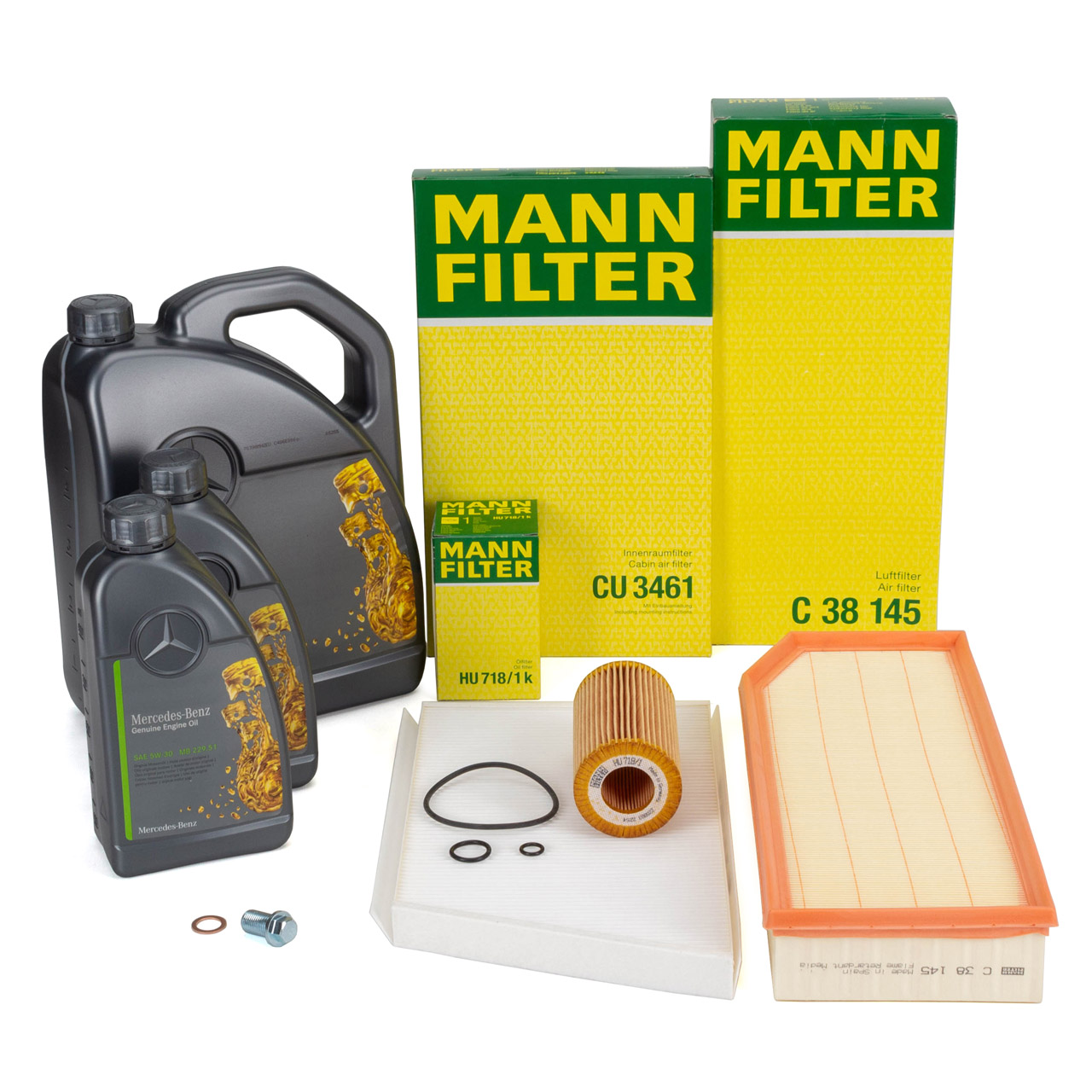 MANN Filterset 3-tlg + 7L ORIGINAL 5W30 MB 229.51 Motoröl MERCEDES W203 OM611 OM612 OM646