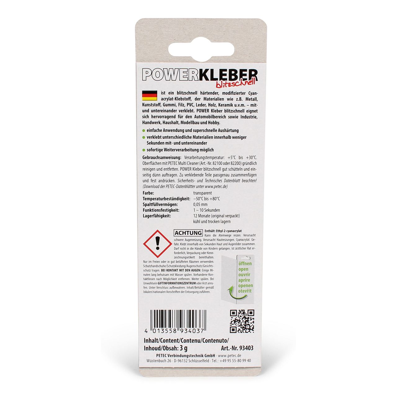 PETEC 93403 POWER KLEBER blitzschnell Sekundenkleber Universalkleber 3g SB-Karte