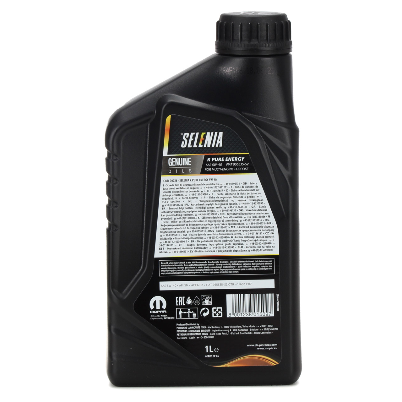 1L 1 Liter PETRONAS SELENIA Motoröl Öl K PURE ENERGY 5W40 MOPAR FIAT 9.55535-S2