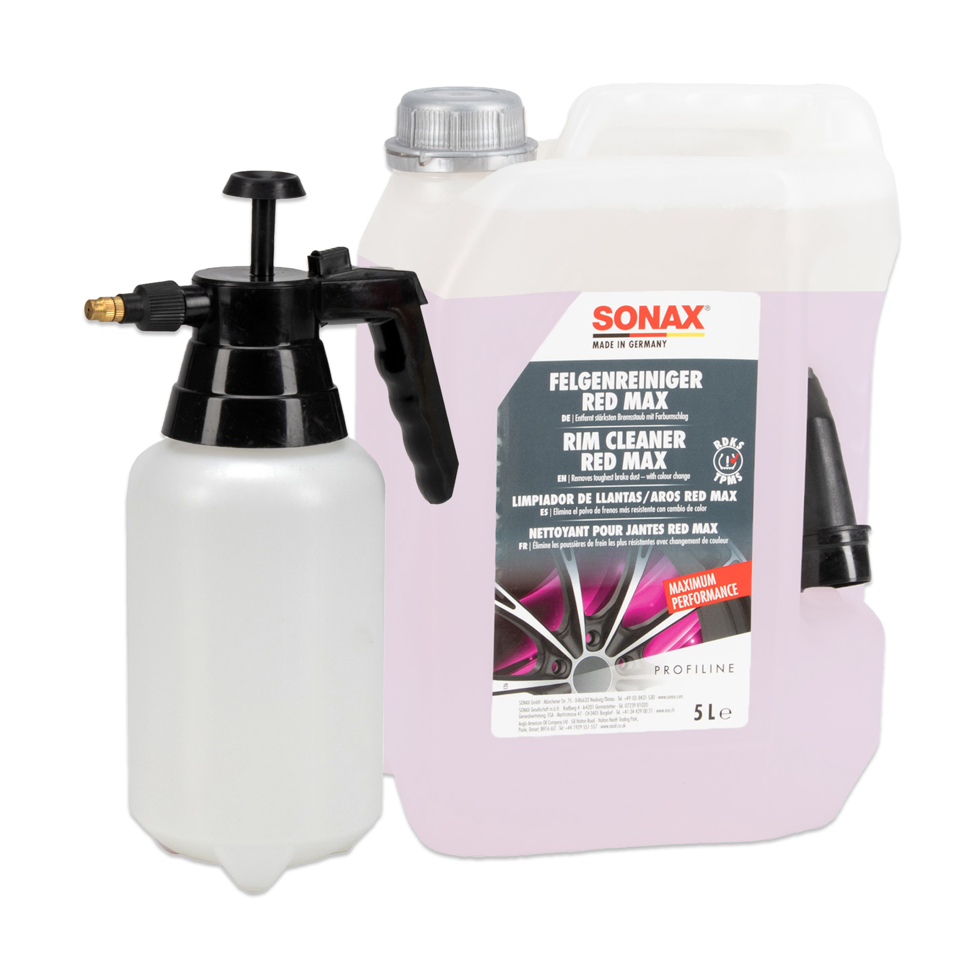 5L 5 Liter SONAX RED MAX Felgenreiniger Rim Cleaner + Druckpump-Zerstäuber Drucksprüher