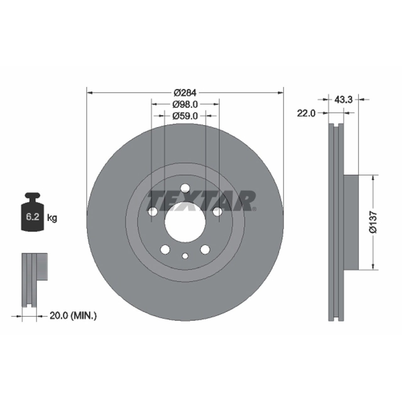 TEXTAR 92252803 Bremsscheiben Satz FIAT 500 (312_) 0.9 500L Panda (312_ 319_) vorne