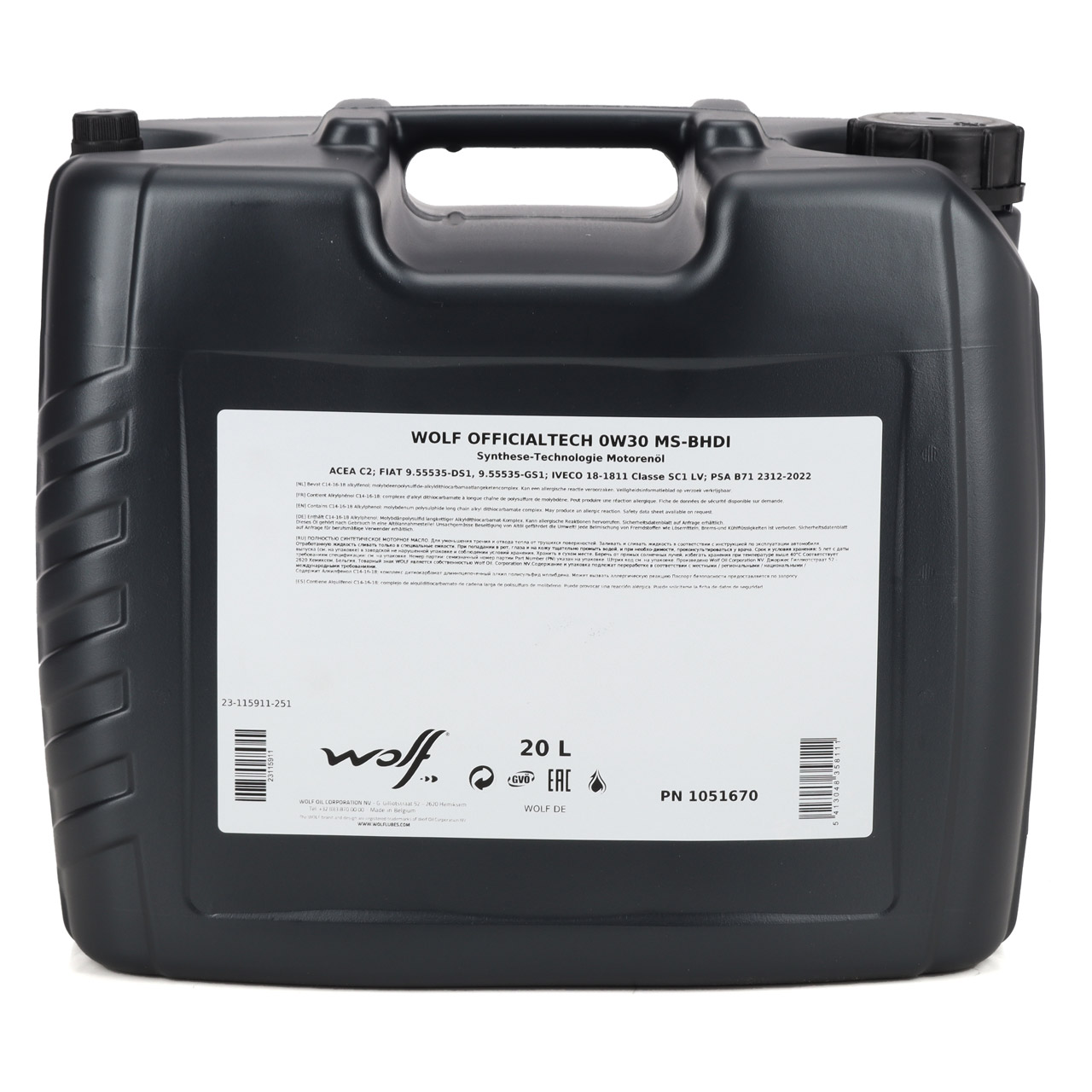 20L 20 Liter WOLF OFFICIALTECH 0W30 MS-BHDI Motoröl Öl PSA B71 2312 Fiat 9.55535-DS1/GS1