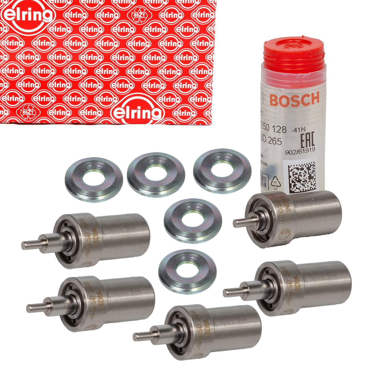 5x BOSCH Einspritzdüse Zapfendüse + ELRING Dichtring MERCEDES W201 W124 W461 W463 OM601