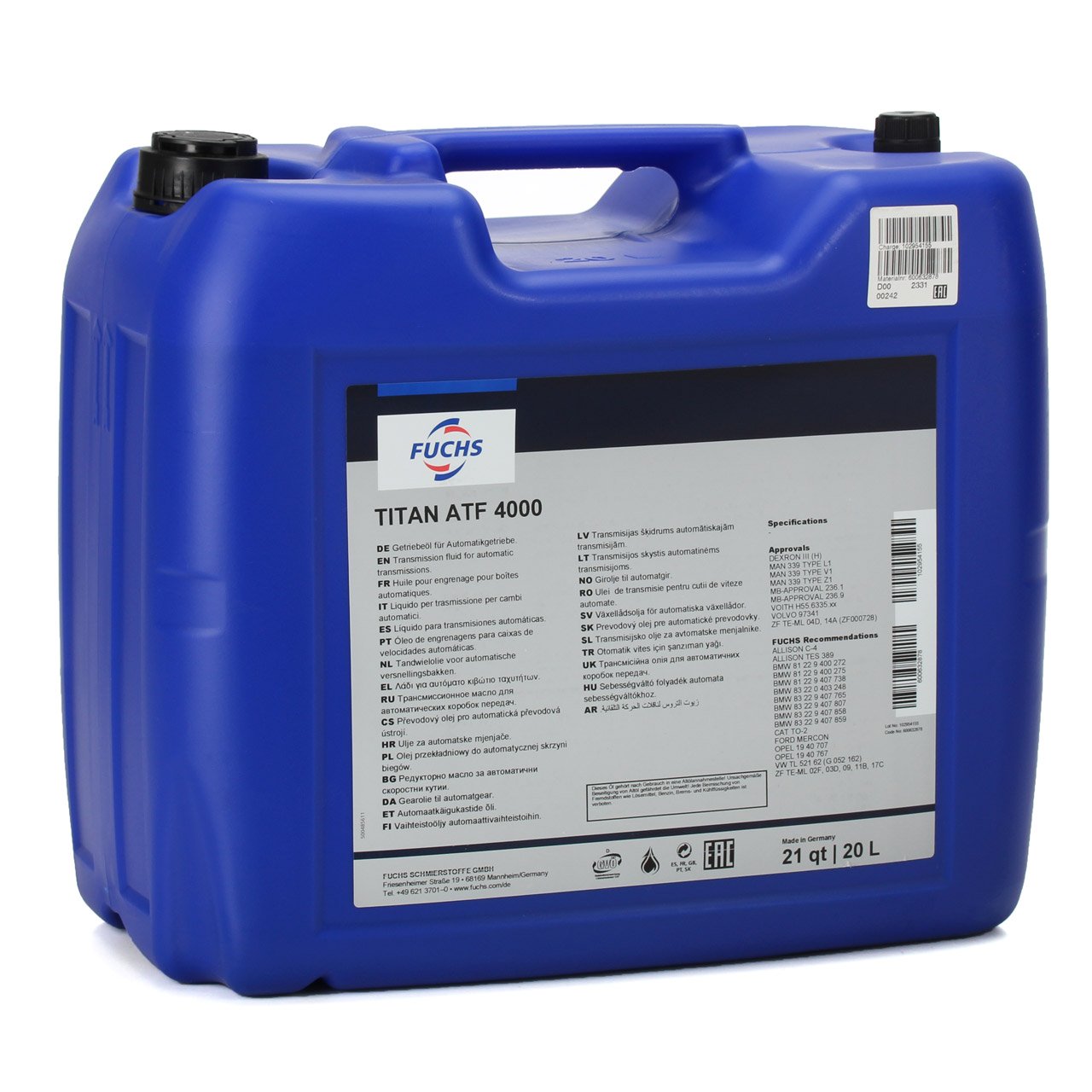 20L 20 Liter FUCHS TITAN ATF 4000 Getriebeöl Automatikgetriebeöl MB 236.1