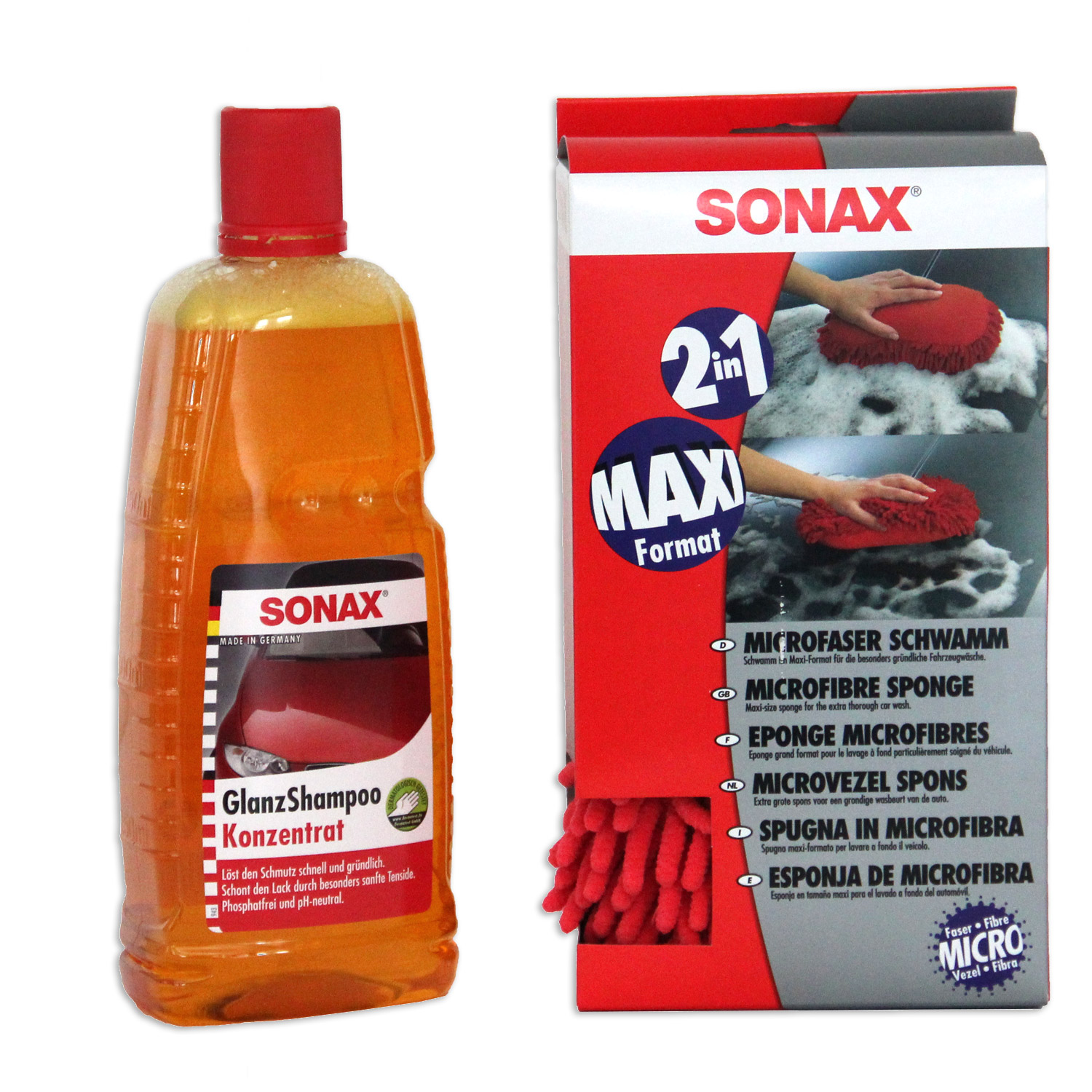 SONAX GlanzShampoo Auto-Shampoo 1 Liter 314300 + Microfaser-Schwamm 428100