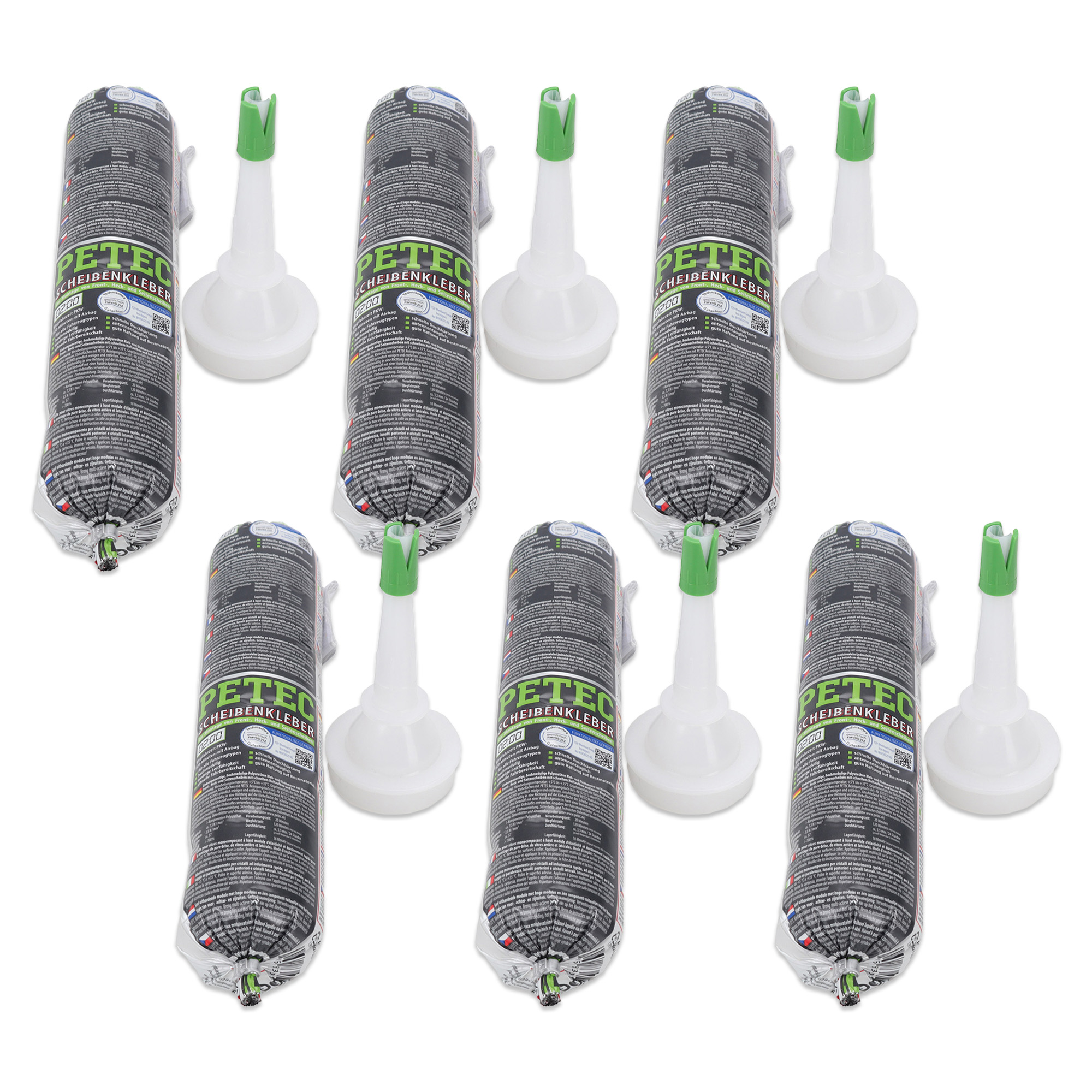 6x 400ml PETEC 83400 Scheibenkleber Schlauchbeutel + Düse Front,Heck-Seitenscheibe schwarz