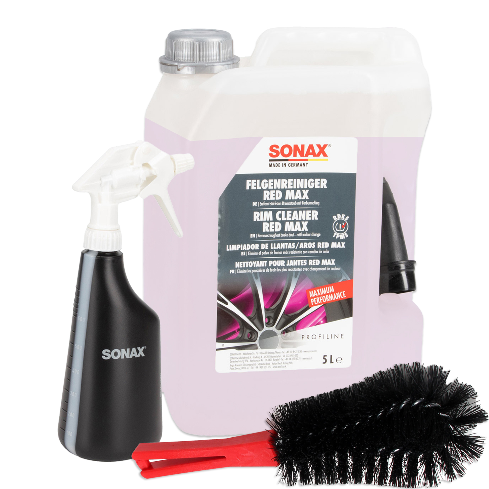 5L SONAX RED MAX Felgenreiniger Rim Cleaner + Sprühboy + Felgenbürste Reinigungsbürste