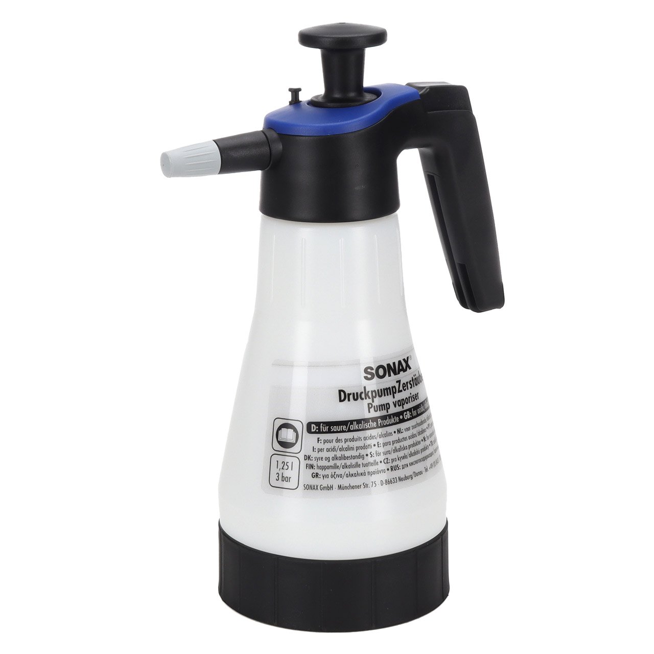 SONAX 04969410 DruckpumpZerstäuber Zerstäuber Flasche für saure/alkalische Produkte 1,25L