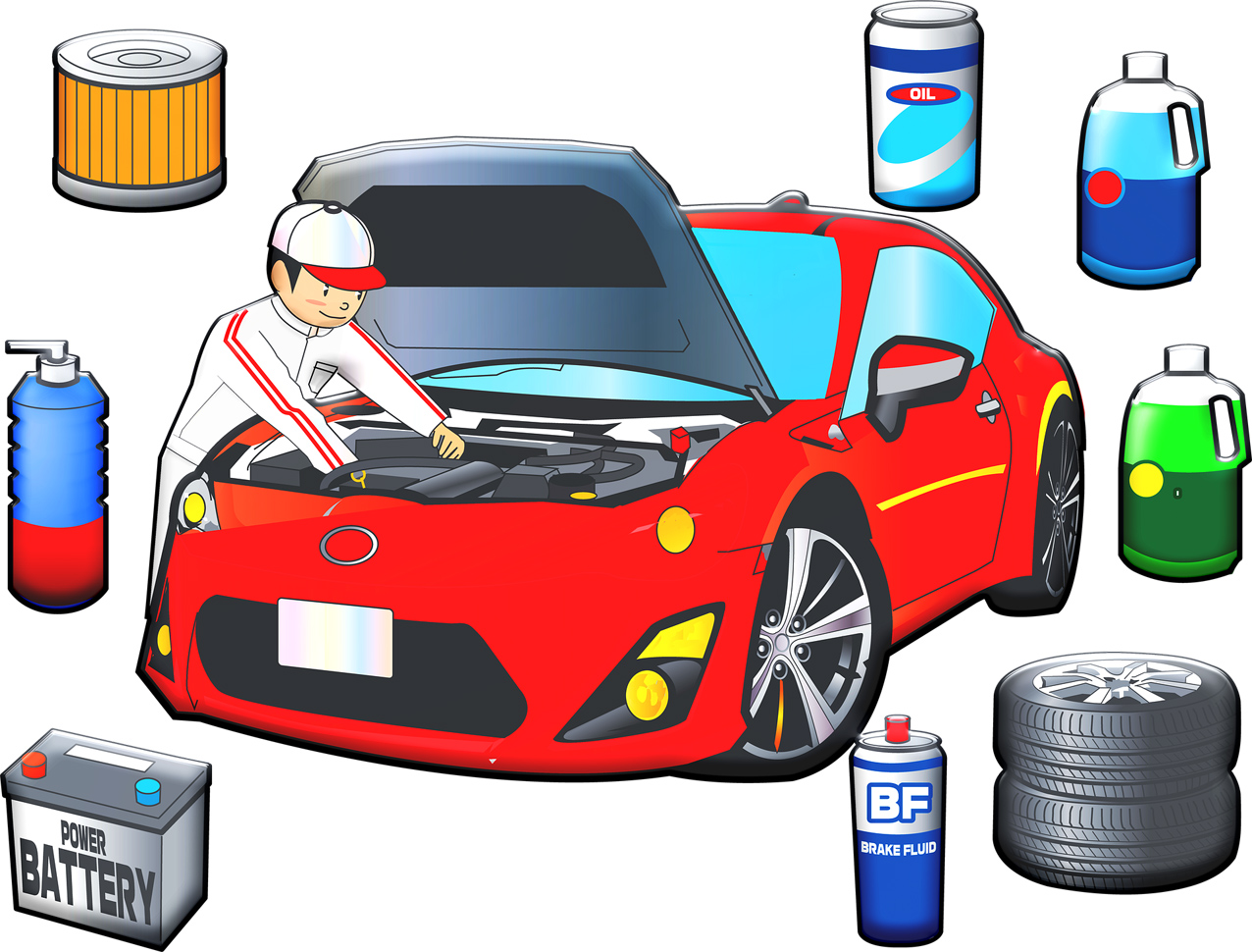 Drawn car with different spare parts and accessories around it to show which points an inspection can be done by yourself